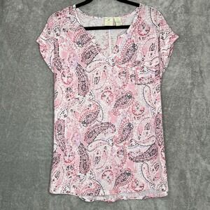 Caribbean Joe 1X Shirt Top Pink Paisley Cap Short Sleeve V Neck Knit Womens